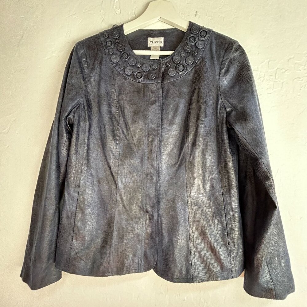 Chico’s Womens Embossed Faux Leather Blazer Jacket Size 0 Gray Lightweight Lined